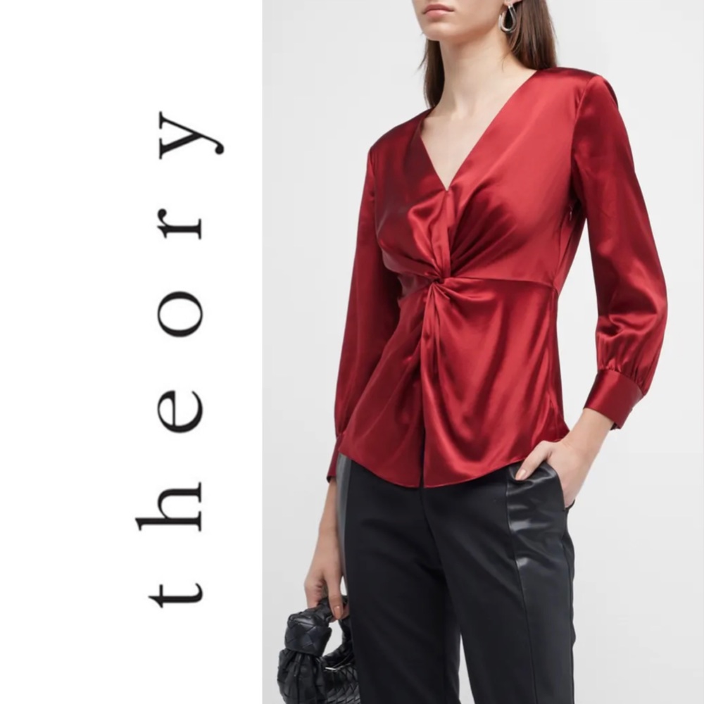 Theory Long-Sleeve Twisted-Front Satin Blouse Size 10